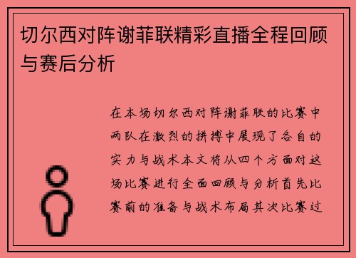 切尔西对阵谢菲联精彩直播全程回顾与赛后分析