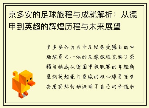 京多安的足球旅程与成就解析：从德甲到英超的辉煌历程与未来展望