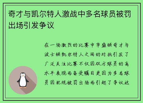 奇才与凯尔特人激战中多名球员被罚出场引发争议