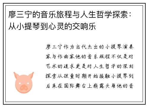 廖三宁的音乐旅程与人生哲学探索：从小提琴到心灵的交响乐