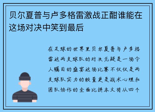 贝尔夏普与卢多格雷激战正酣谁能在这场对决中笑到最后