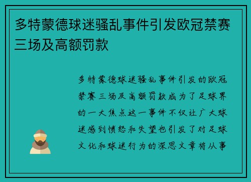 多特蒙德球迷骚乱事件引发欧冠禁赛三场及高额罚款