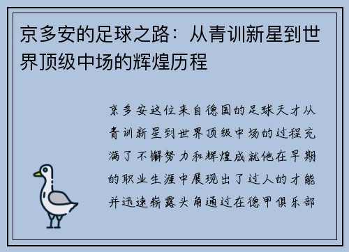 京多安的足球之路：从青训新星到世界顶级中场的辉煌历程