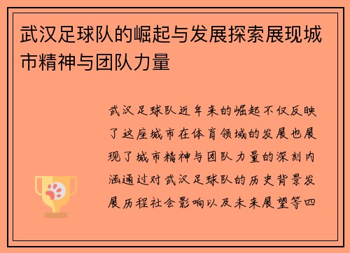 武汉足球队的崛起与发展探索展现城市精神与团队力量
