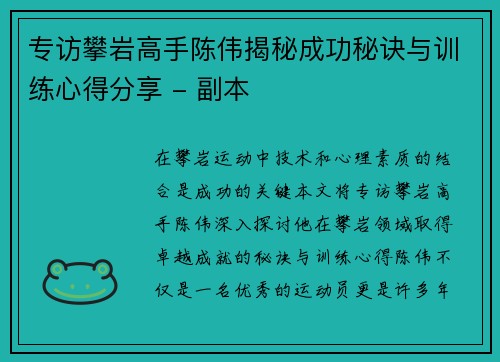专访攀岩高手陈伟揭秘成功秘诀与训练心得分享 - 副本