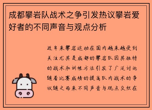 成都攀岩队战术之争引发热议攀岩爱好者的不同声音与观点分析